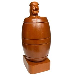 Vintage Wooden Barrel Trick Toy Man Pop Up Folk Art Carved Figure